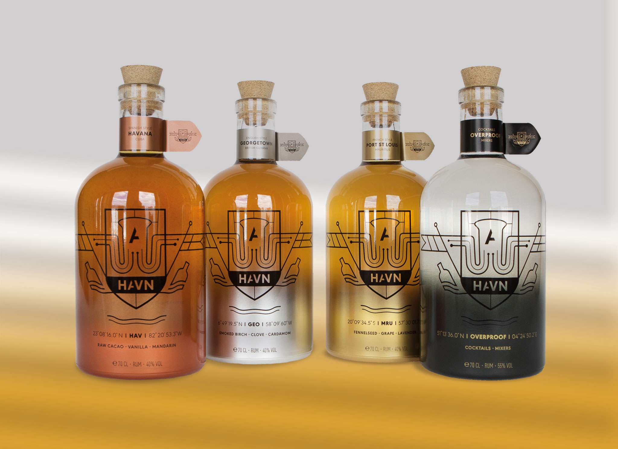 HAVN Rum logo ontwerp, branding en ontwerp fles