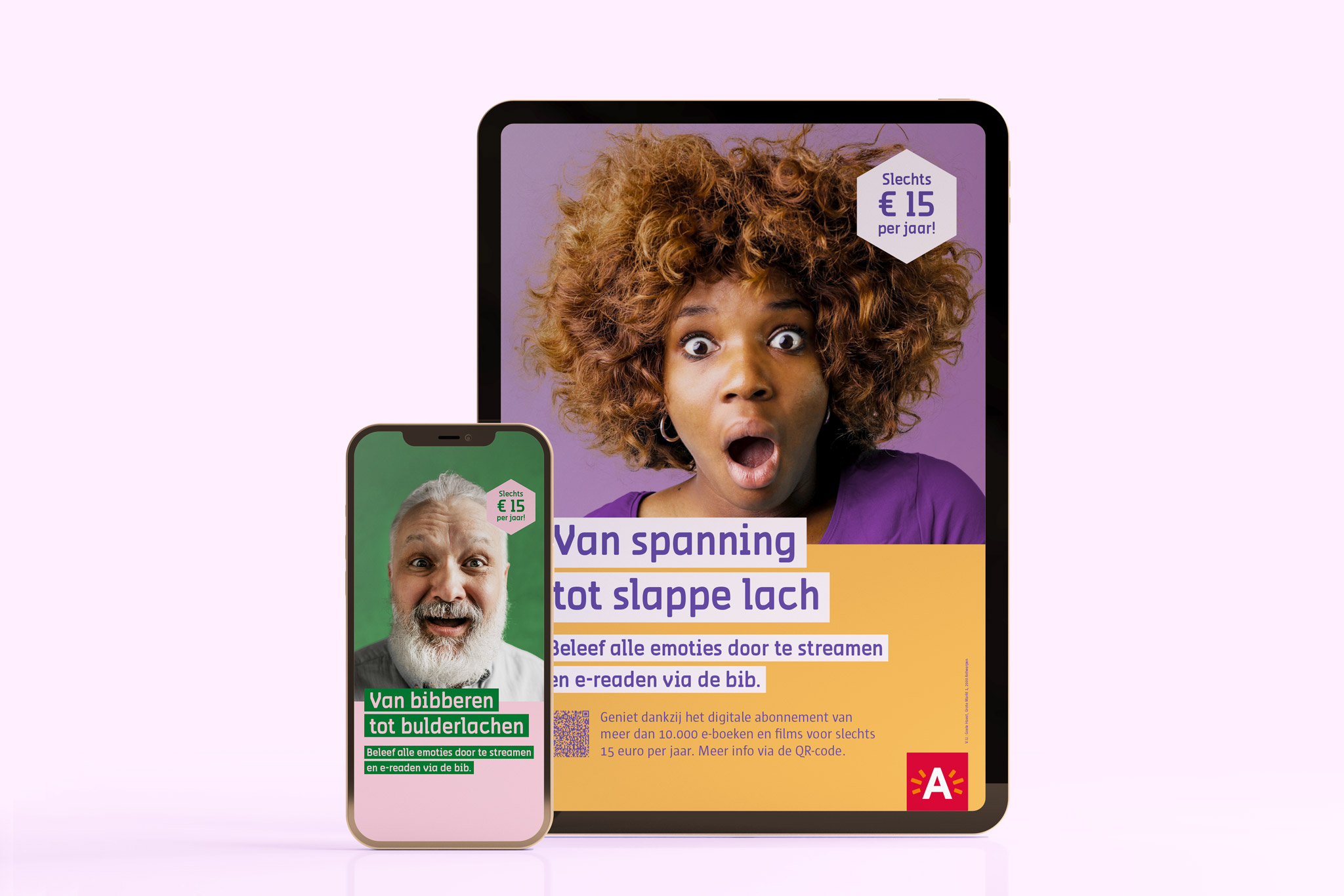 Campagne digitaal abonnement bibliotheken Antwerpen. Beleef alle emoties door te streamen en e-readen via de bib.